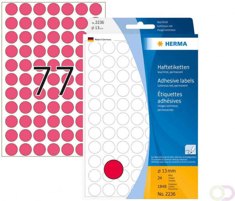 Herma Multipurpose etiketten Ã 13 mm rond fluor rood permanent hechtend om met de